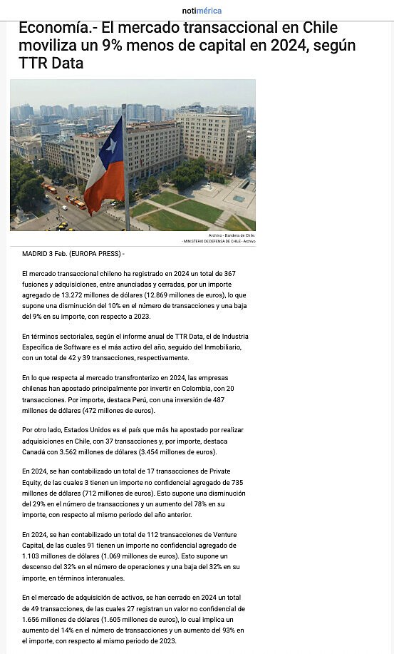 El mercado transaccional en Chile moviliza un 9% menos de capital en 2024, segn TTR Data